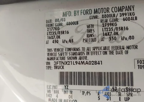 2004 Ford F-250 Lariat/Xl/Xlt из США, поврежденный, VIN 3FTNX21L94MA02841